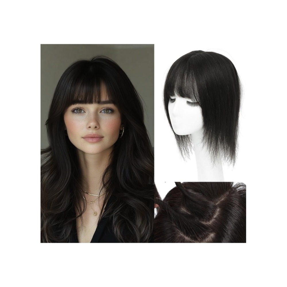 100% Human Hair Topper 16" Black 360 3D‎ Coverage Wispy Bangs Clip In Hairpiece